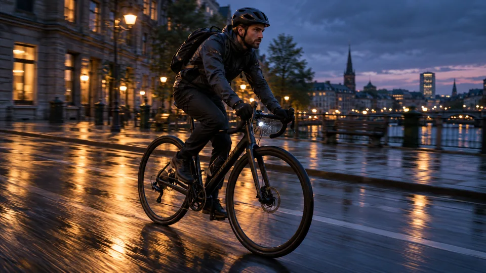 A cyclist moving through a rain-damp city at dusk