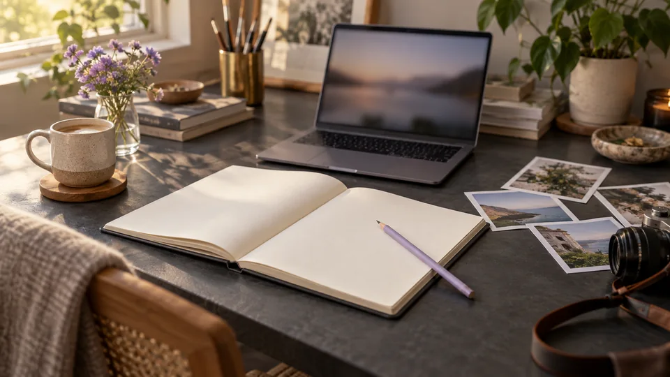 A creative desk with a sketchbook, reference prints and a laptop