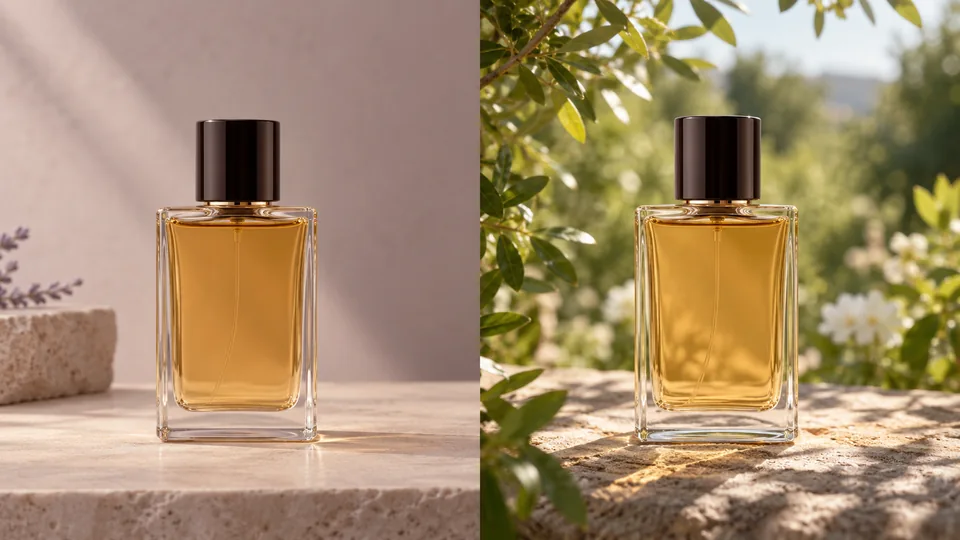 Amber perfume bottle against a plain backdrop