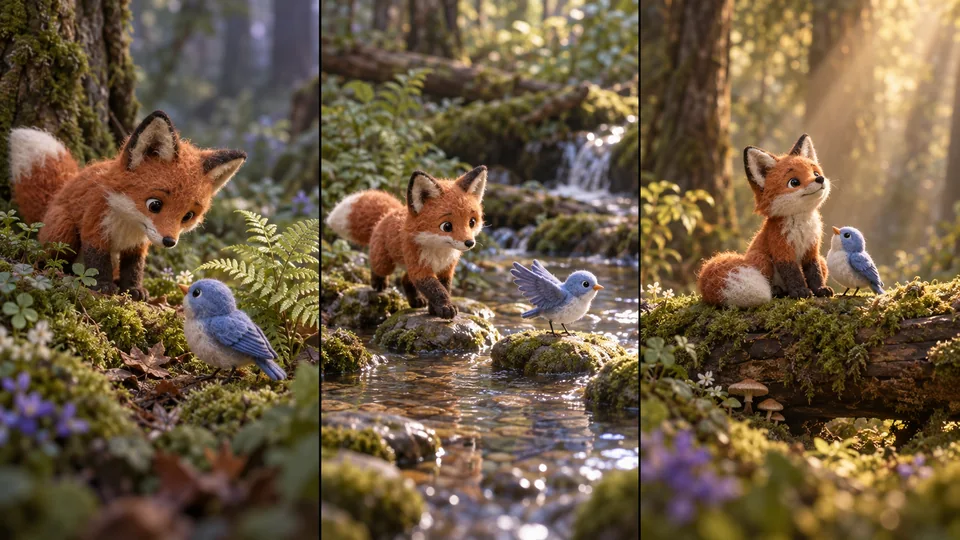 A handcrafted fox and bird in three sequential forest story moments