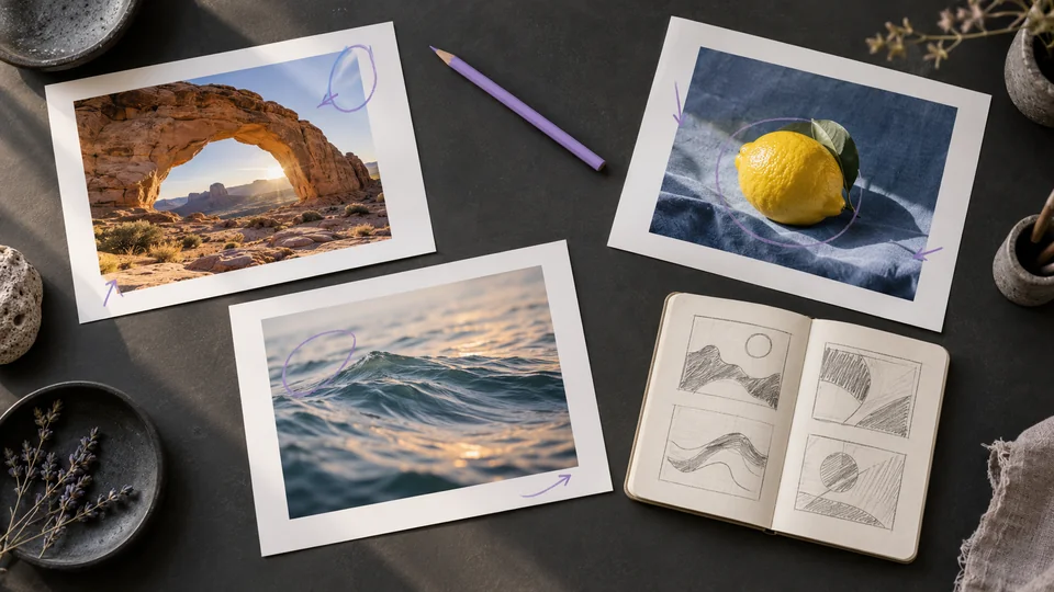 A creative worktable with photographic studies and a sketchbook