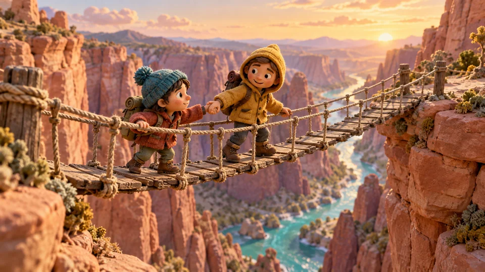 Two clay explorers crossing a rope bridge in a miniature canyon