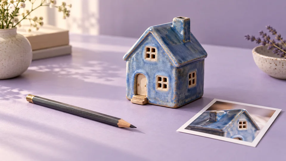 A blue ceramic house beside a pencil and a finished photograph