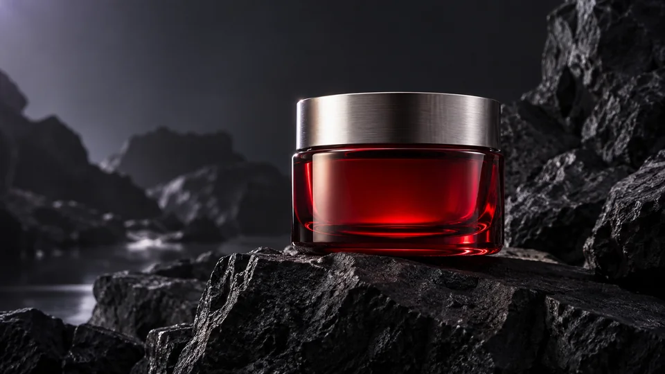 A ruby glass skincare jar with a silver lid on charcoal rock