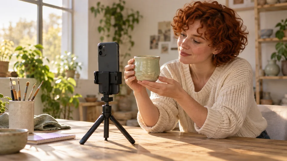 A copper-haired creator filming an object in a sunlit workspace