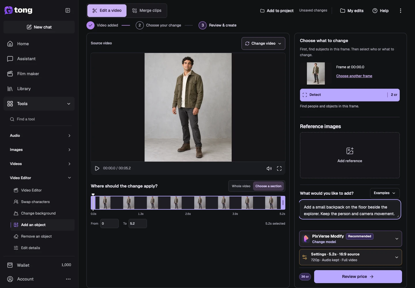 Tong Add objects to video interface for “Explain the object and placement”, with the What would you like to add? control highlighted by arrow 4.