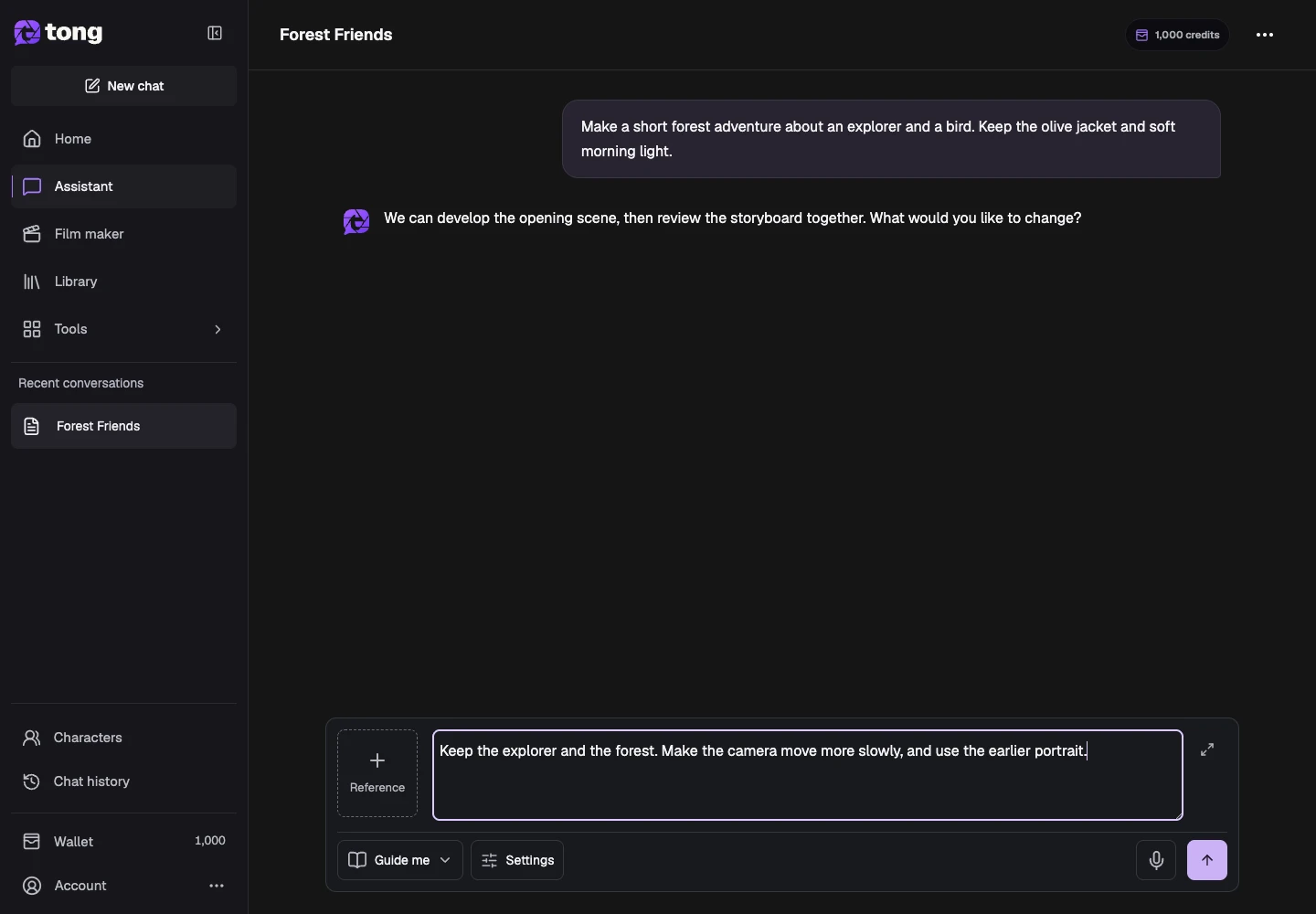 Tong Assistant interface for “Continue with the next request”, with the Message Assistant control highlighted by arrow 4.