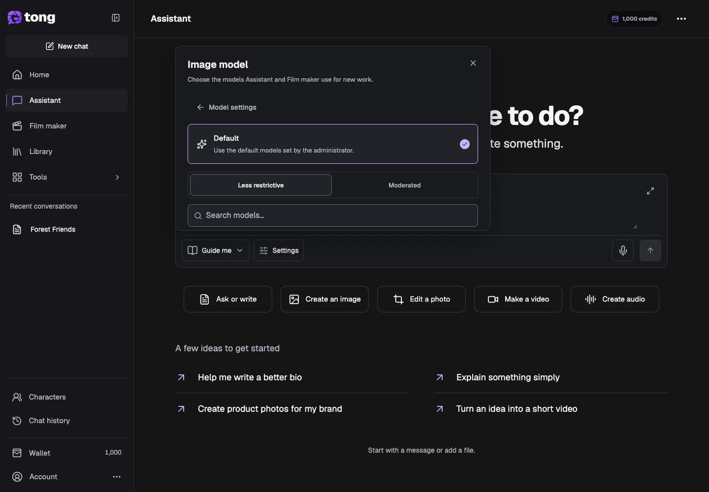 Tong Assistant interface for “Choose a compatible preference”, with the Default Use the default models set by the administrator. control highlighted by arrow 4.