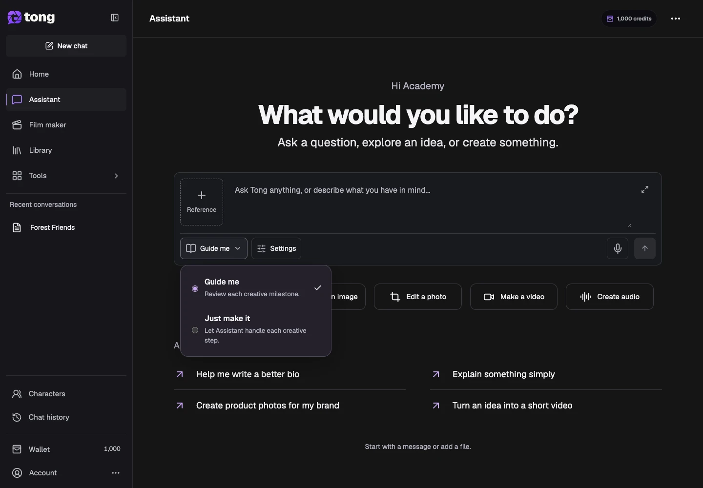 Tong Assistant interface for “Open the review mode”, with the Guide me control highlighted by arrow 1.