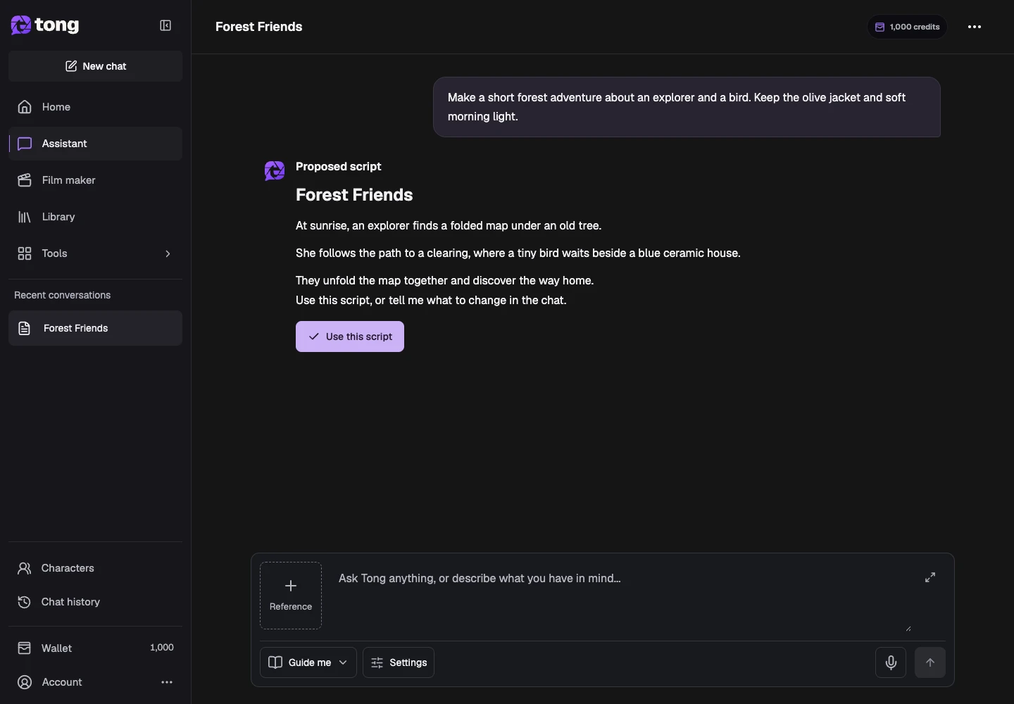 Tong Assistant interface for “Review creative milestones”, with the Use this script control highlighted by arrow 2.