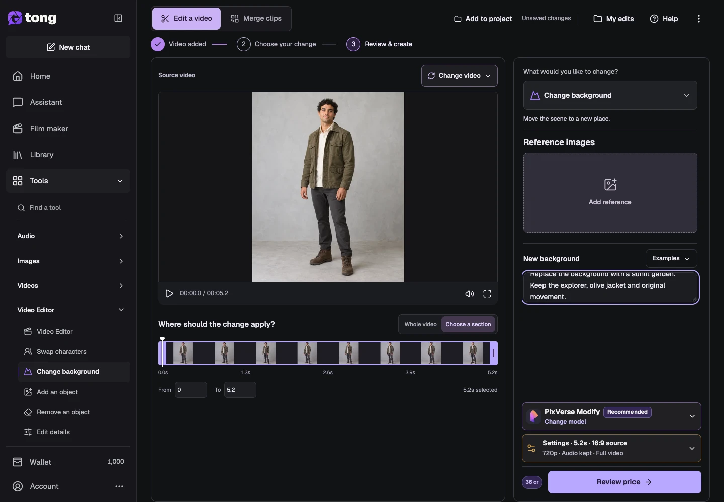 Tong Video background editing interface for “Review settings, price and the result”, with the Review price control highlighted by arrow 5.
