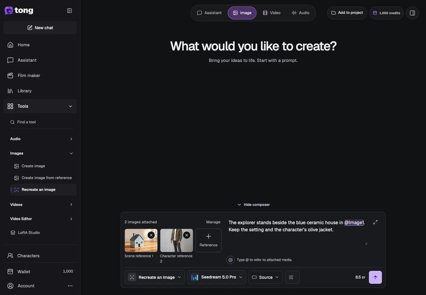 Tong Recreate an image interface for “Describe the scene and check price”, with the Describe what you want to create control highlighted by arrow 4.