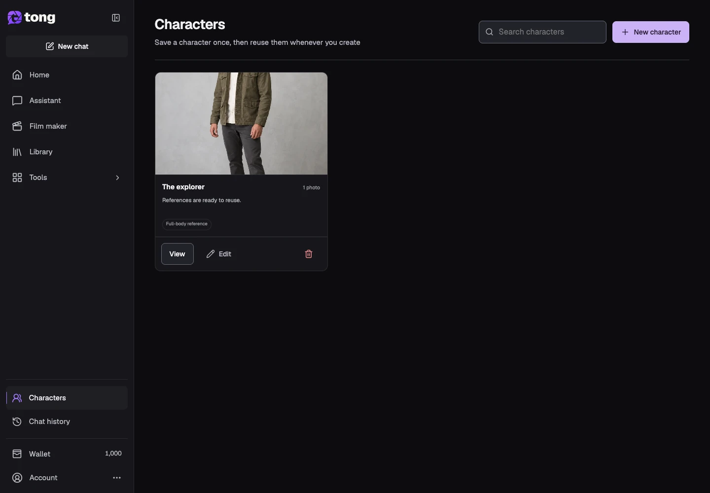 Tong Characters interface for “Open Characters”, with the New character control highlighted by arrow 1.