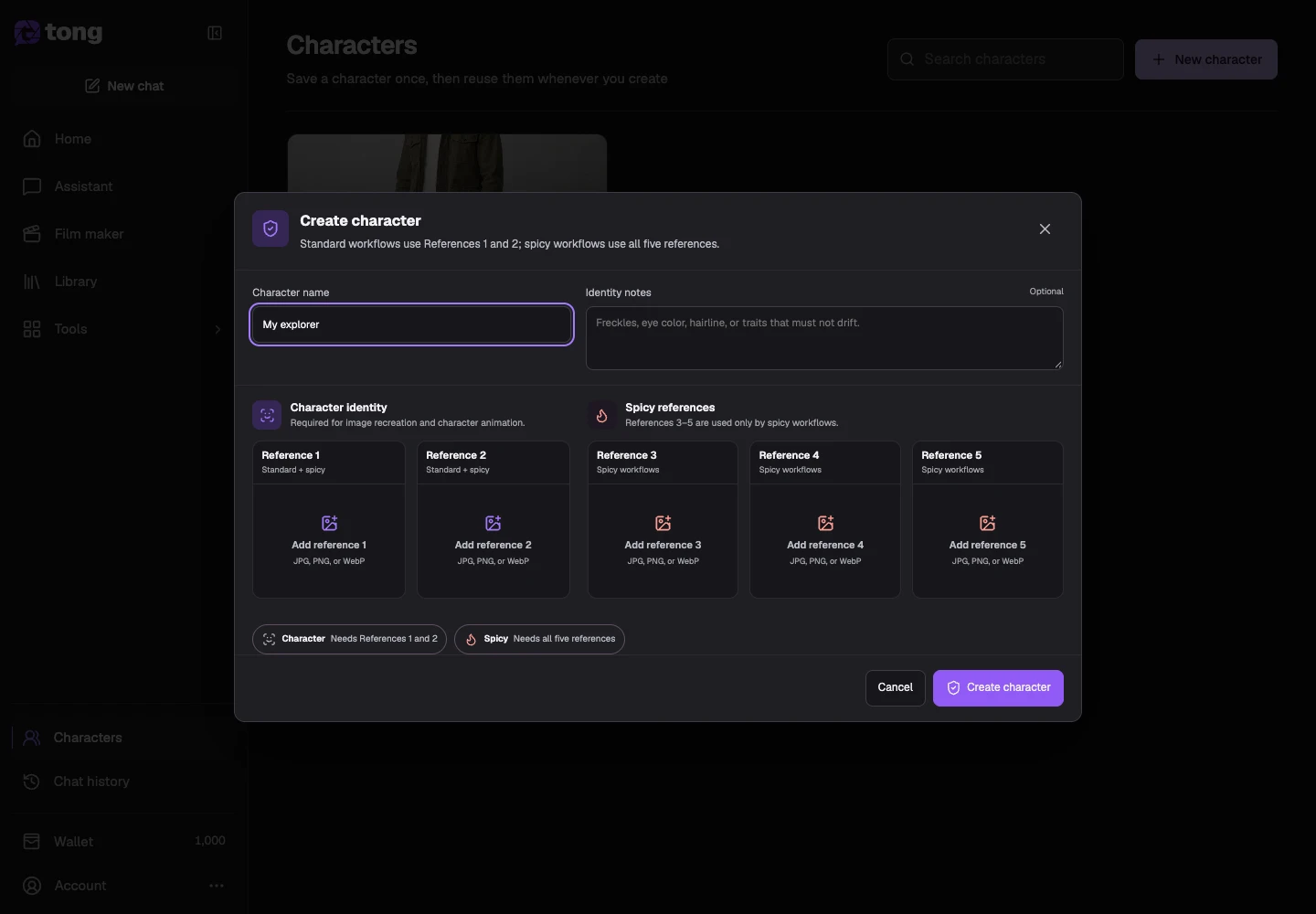 Tong Characters interface for “Name the character”, with the Character name control highlighted by arrow 2.