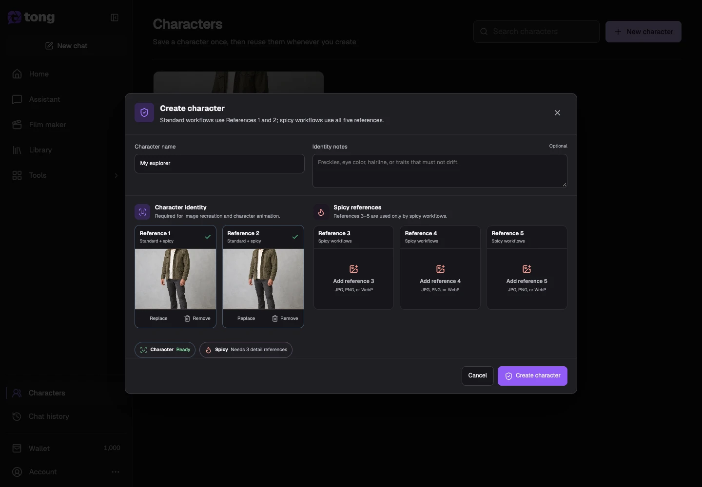 Tong Characters interface for “Save the profile”, with the Create character control highlighted by arrow 4.