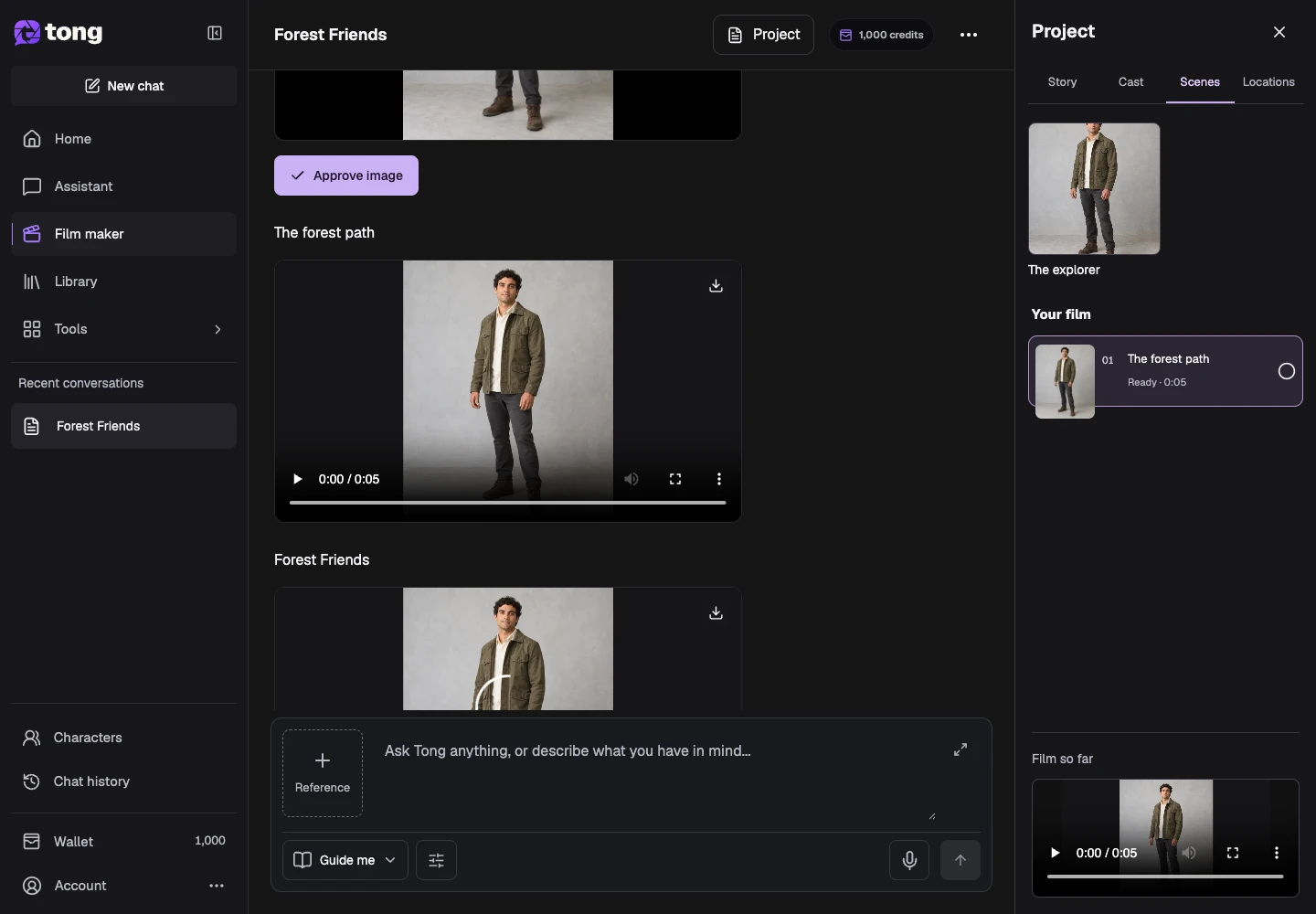 Tong Film maker interface for “Review the ready scenes”, with the Project control highlighted by arrow 1.