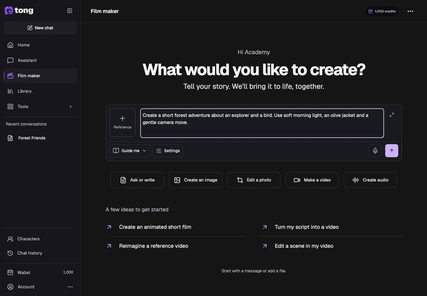 Tong Film maker interface for “Share your idea or script”, with the Message Assistant control highlighted by arrow 2.