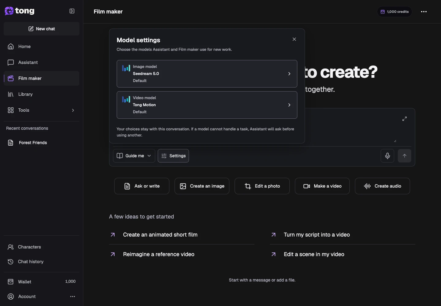 Tong Film maker interface for “Open model settings”, with the Model settings control highlighted by arrow 1.