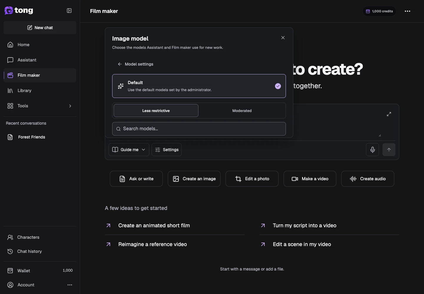 Tong Film maker interface for “Choose the generation models”, with the Default Use the default models set by the administrator. control highlighted by arrow 2.