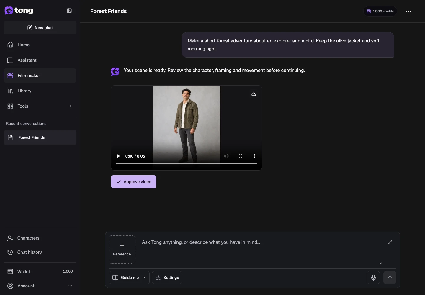 Tong Film maker interface for “Watch the completed video”, with the Generated video control highlighted by arrow 2.