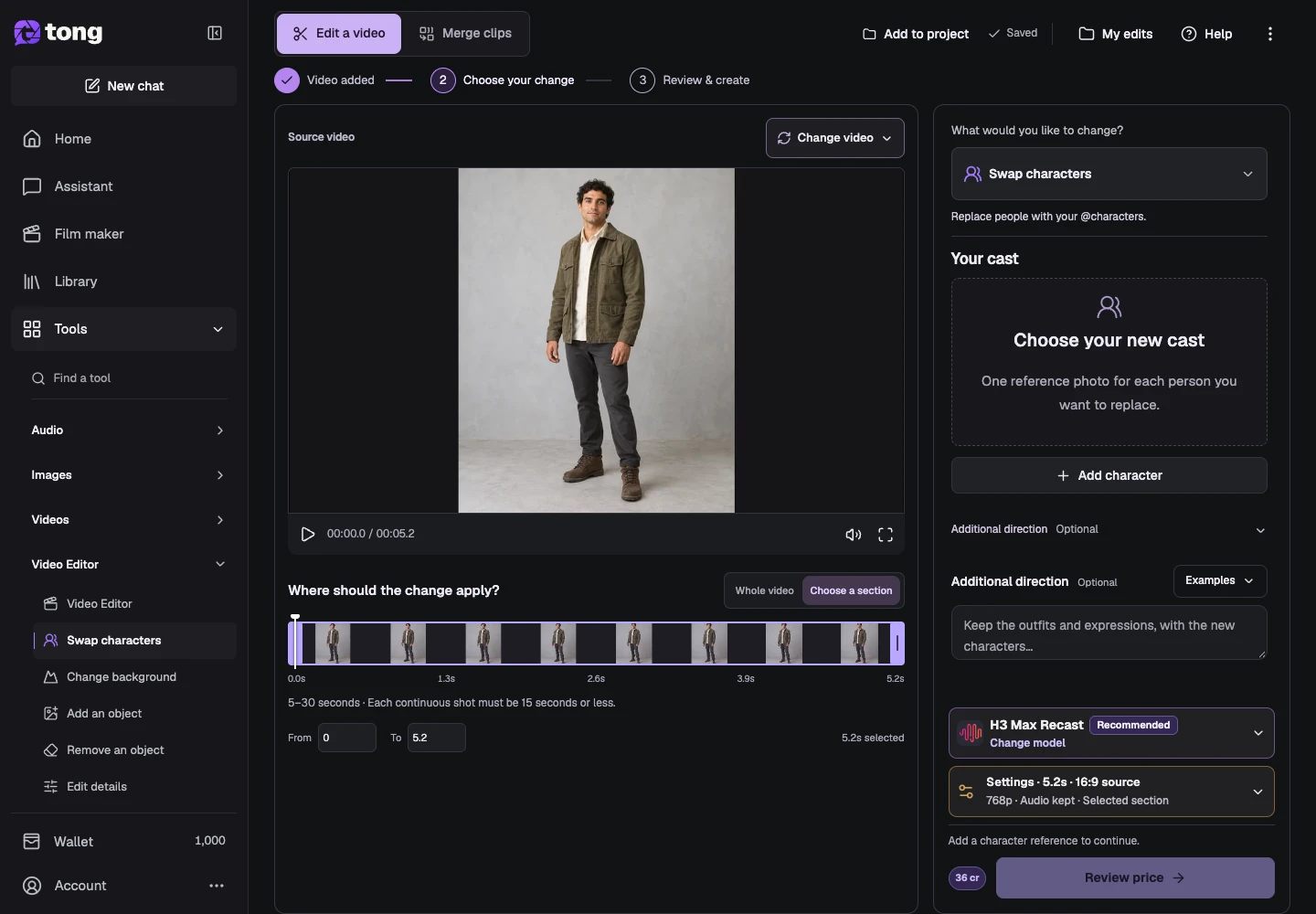 Tong Video Editor interface for “Add selection or reference context”, with the Additional direction control highlighted by arrow 4.
