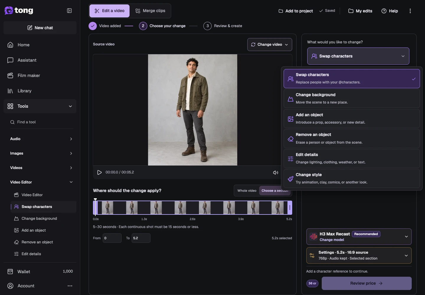 Tong Video detail editing interface for “Choose Edit details”, with the Edit details control highlighted by arrow 2.