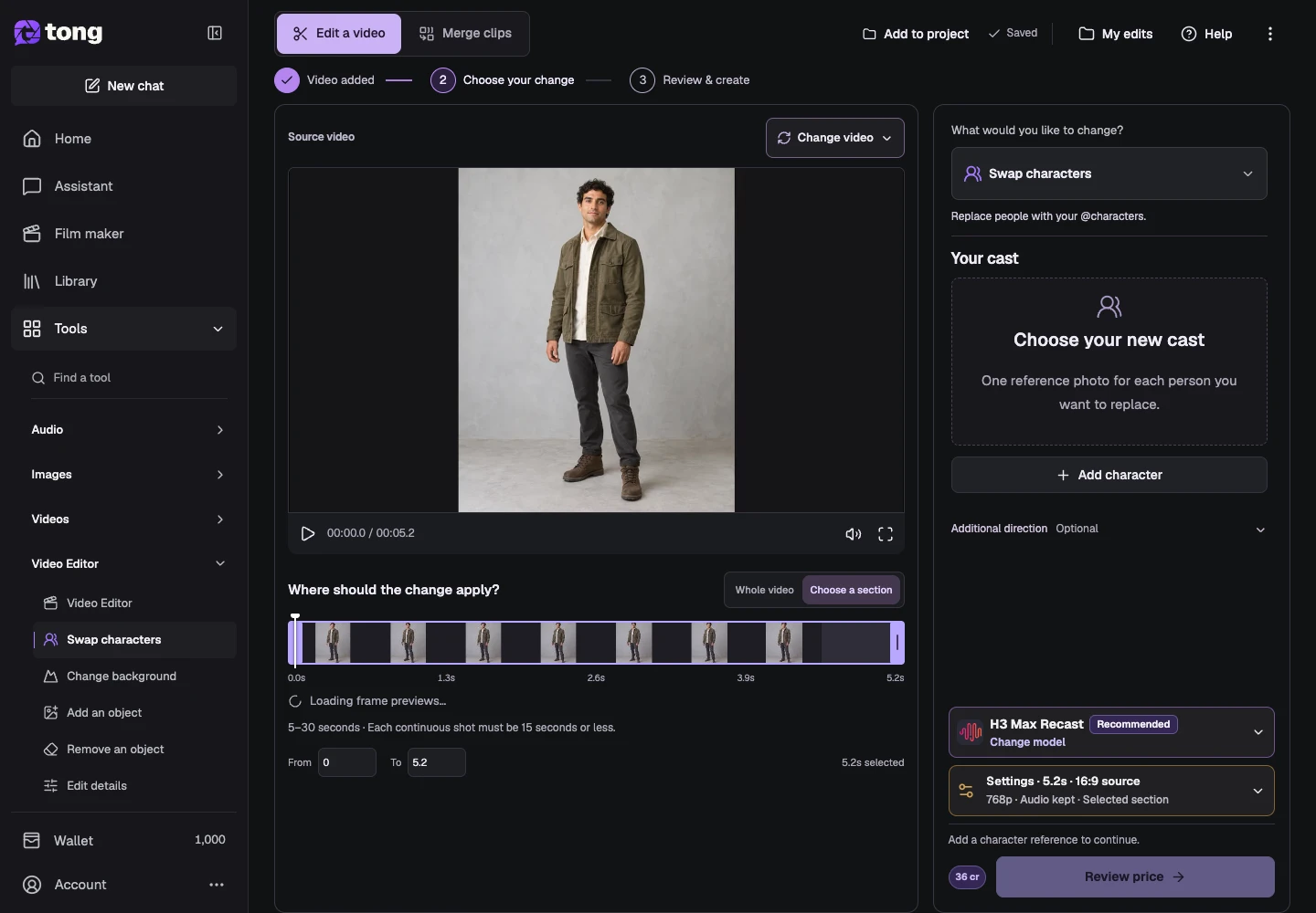 Tong Video face swap interface for “Add your replacement character”, with the Add character control highlighted by arrow 4.
