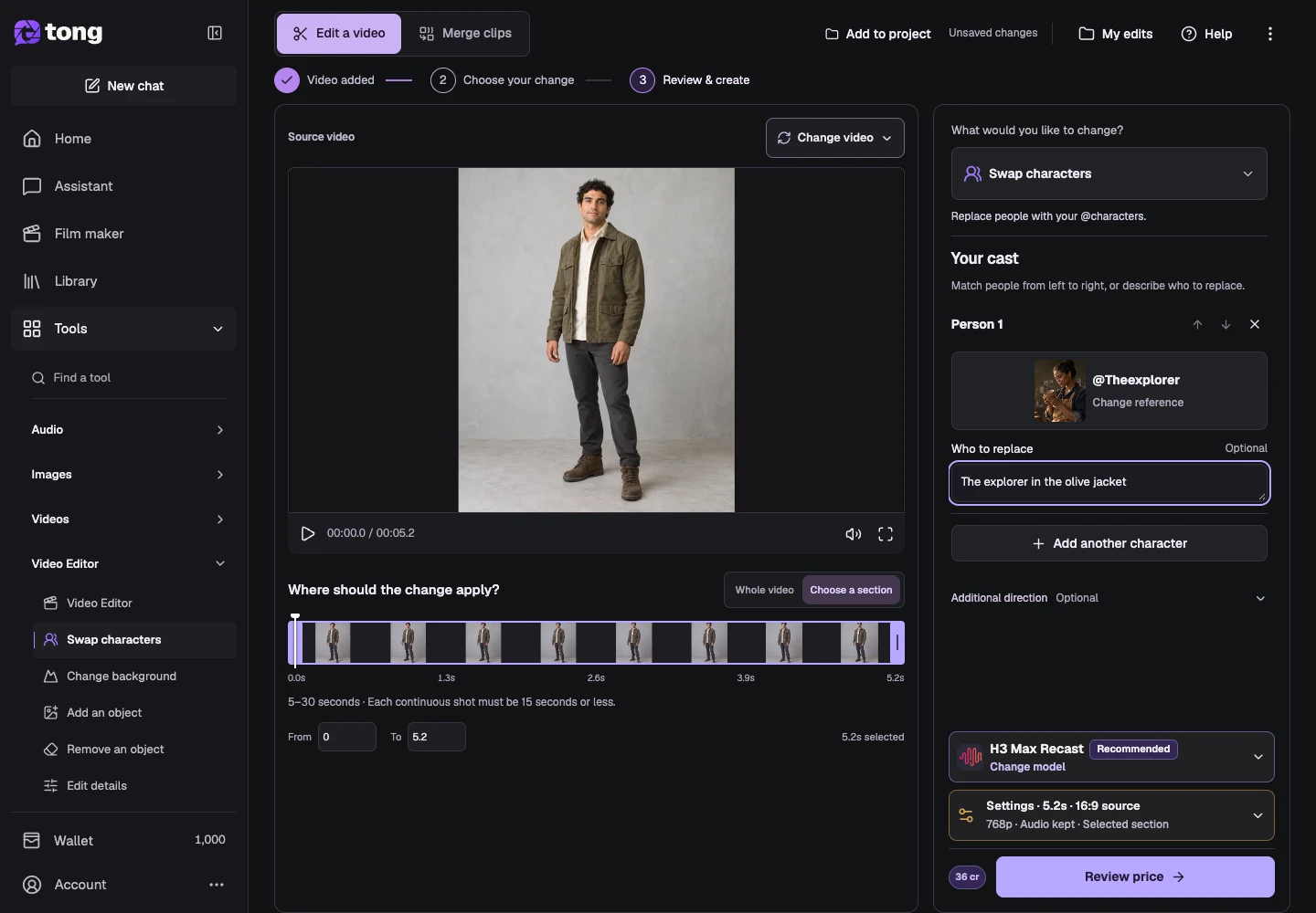Tong Video face swap interface for “Identify who to replace”, with the Who to replace for person 1 control highlighted by arrow 5.