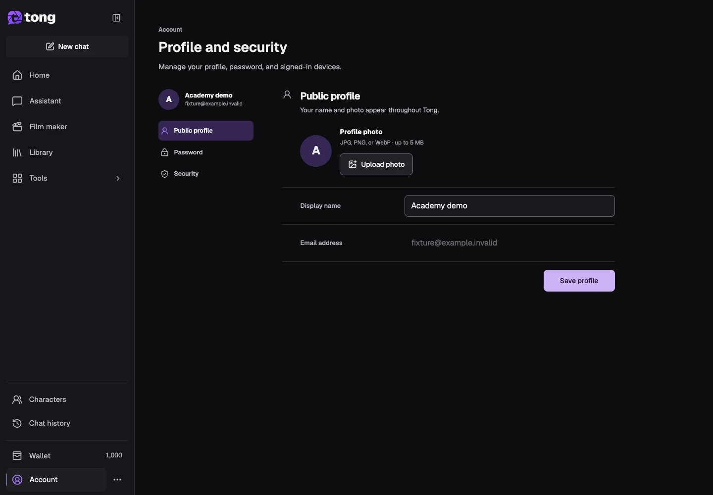 Tong Account interface for “Update your public profile”, with the Save profile control highlighted by arrow 2.