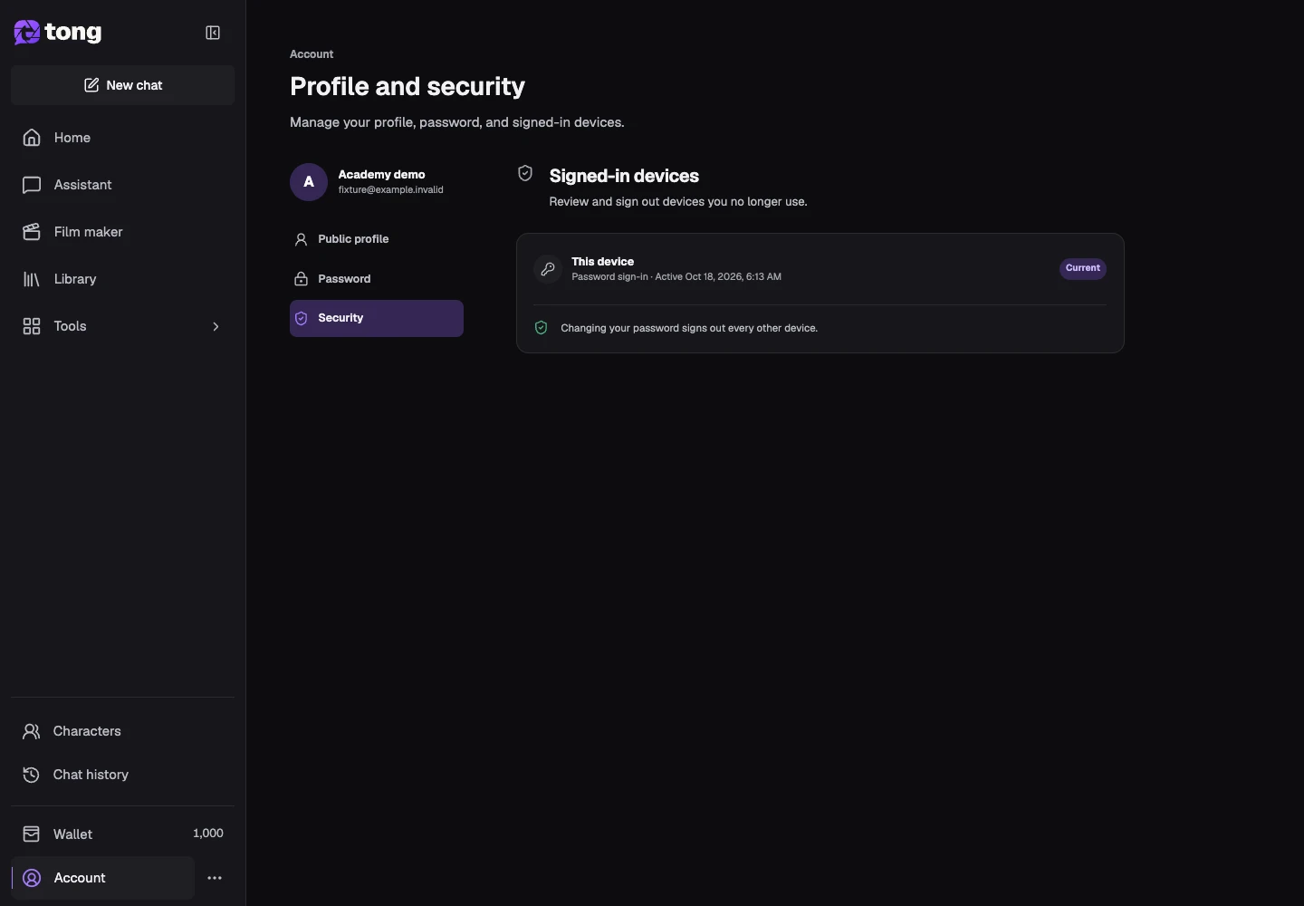 Tong Account interface for “Review signed-in devices”, with the Security control highlighted by arrow 4.