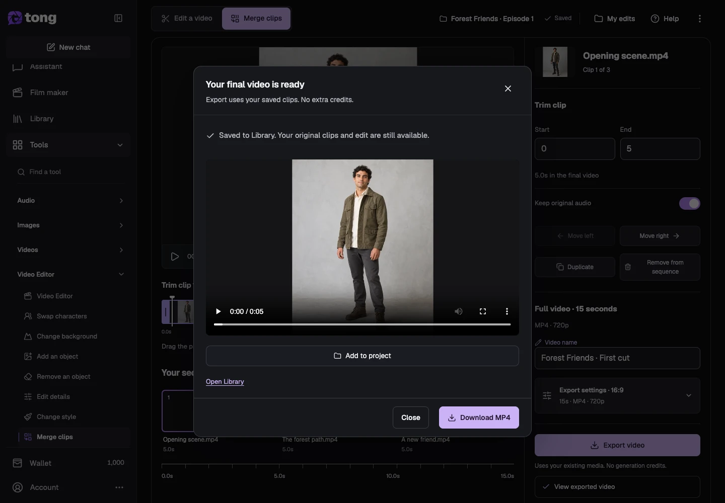 Tong Merge clips interface for “Download the finished video”, with the Download MP4 control highlighted by arrow 8.