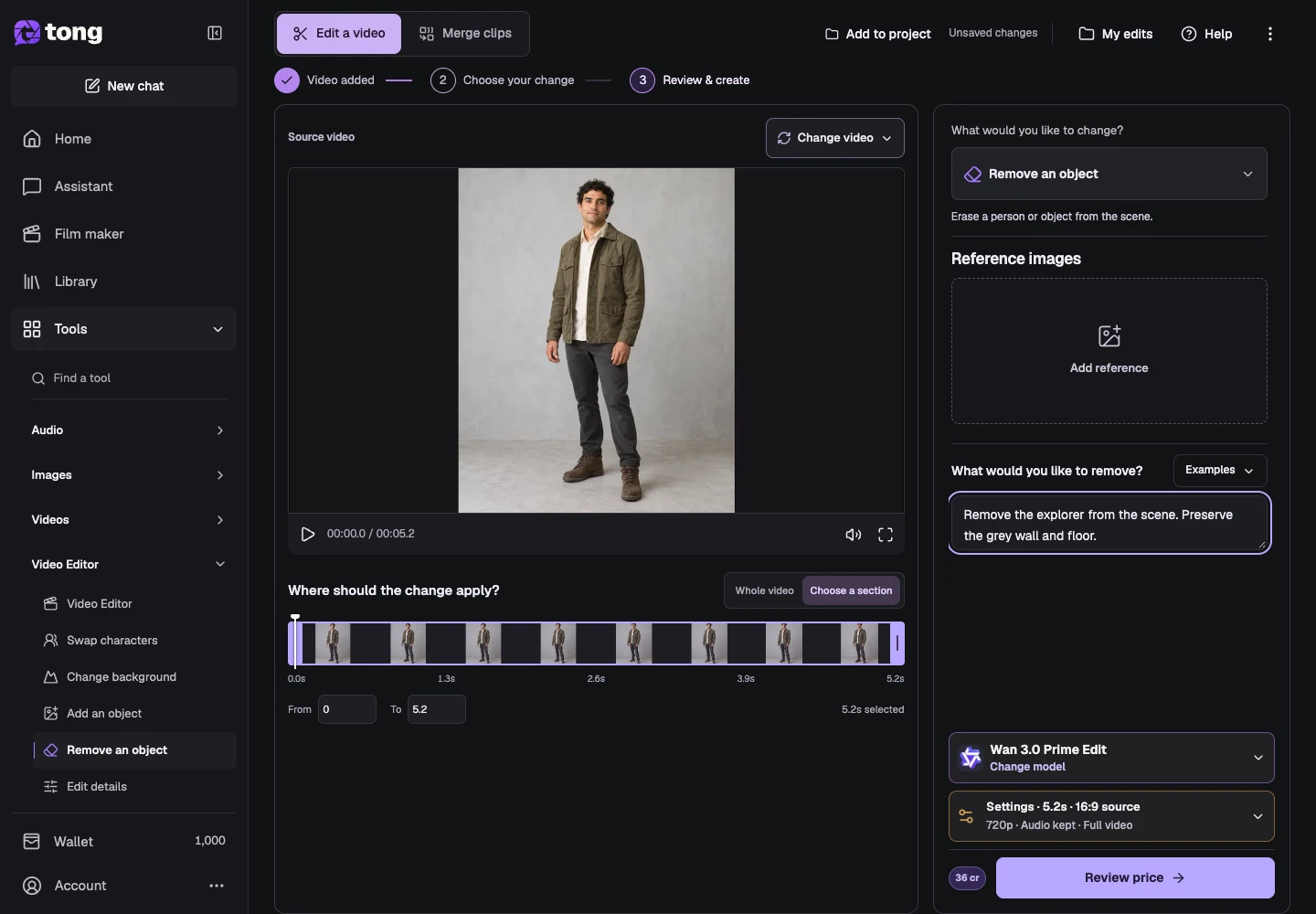 Tong Remove subjects from video interface for “Review settings, price and the result”, with the Review price control highlighted by arrow 5.