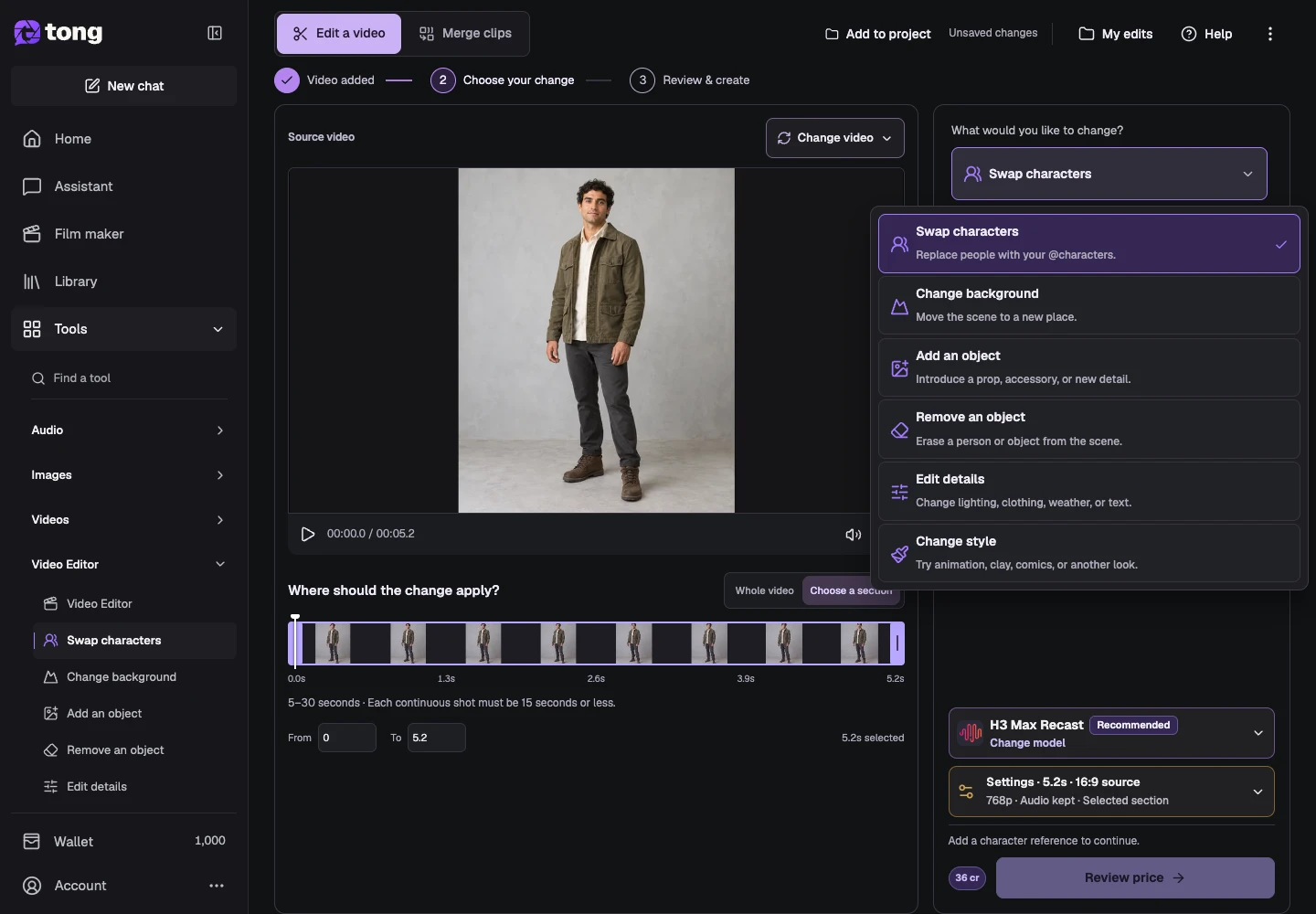 Tong Video restyling interface for “Choose Change style”, with the Change style control highlighted by arrow 2.