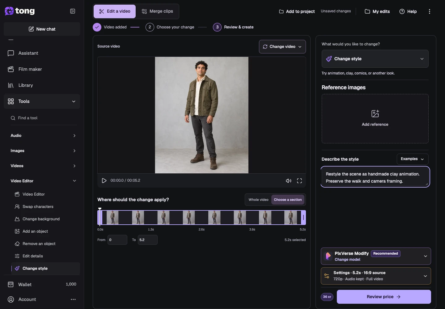 Tong Video restyling interface for “Describe the visual treatment”, with the Describe the style control highlighted by arrow 4.