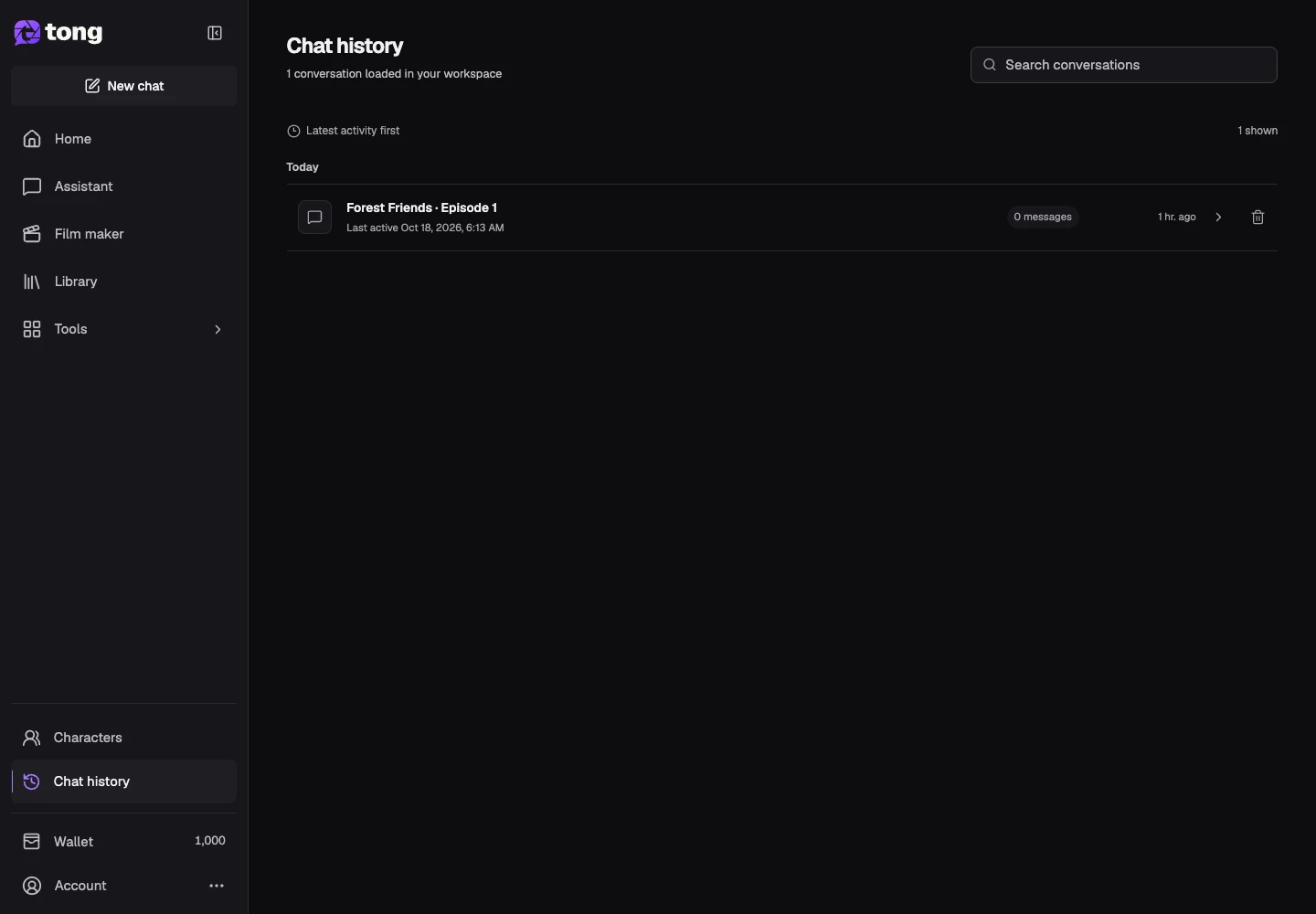 Tong Chat history interface for “Open a saved conversation”, with the Saved conversation control highlighted by arrow 2.
