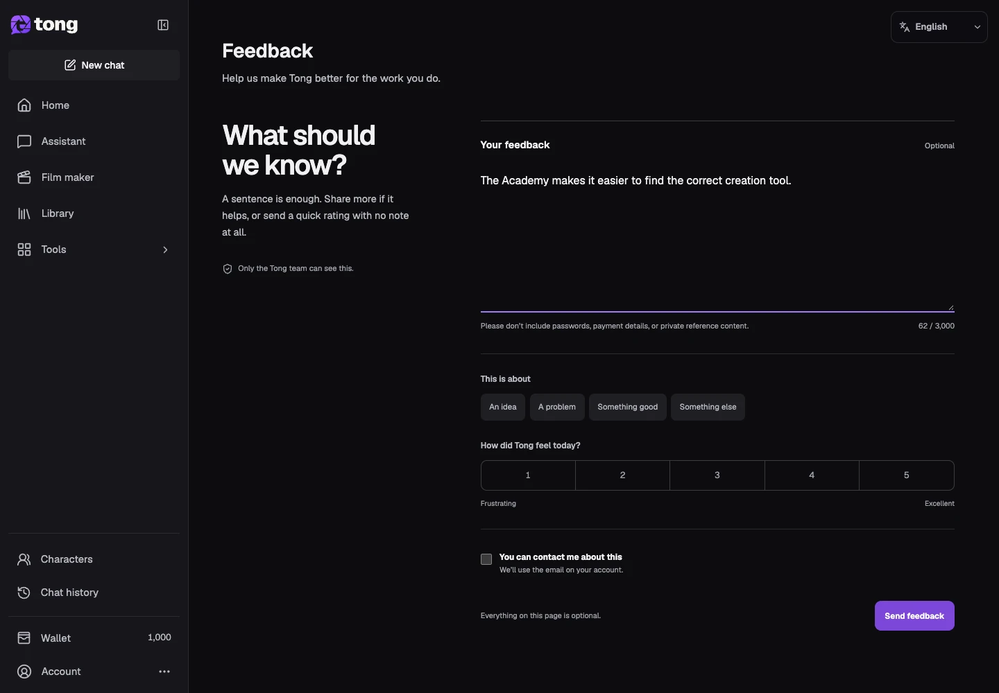 Tong Feedback interface for “Submit your feedback”, with the Send feedback control highlighted by arrow 4.