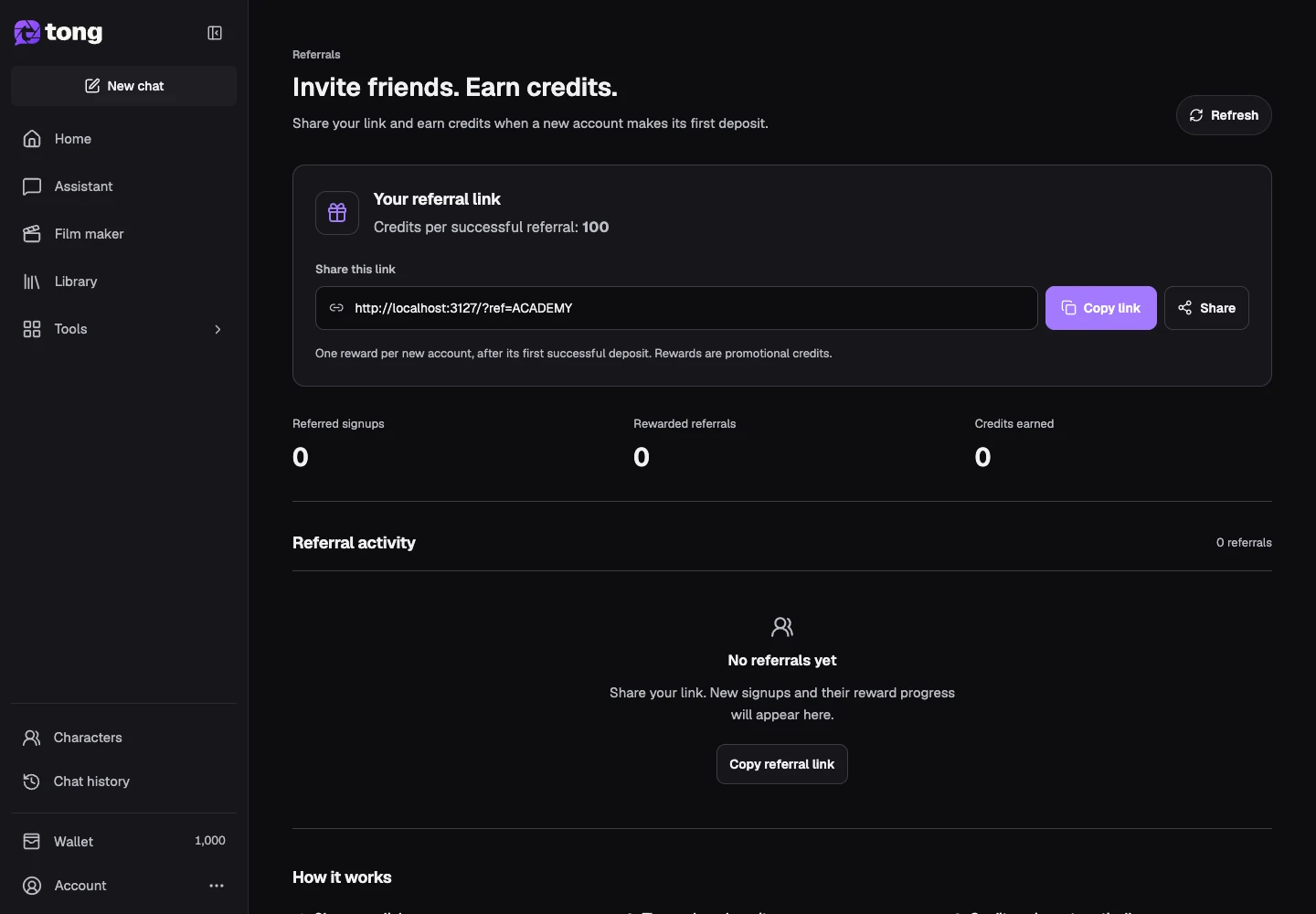 Tong Referrals interface for “Open Referrals”, with the Share this link control highlighted by arrow 1.