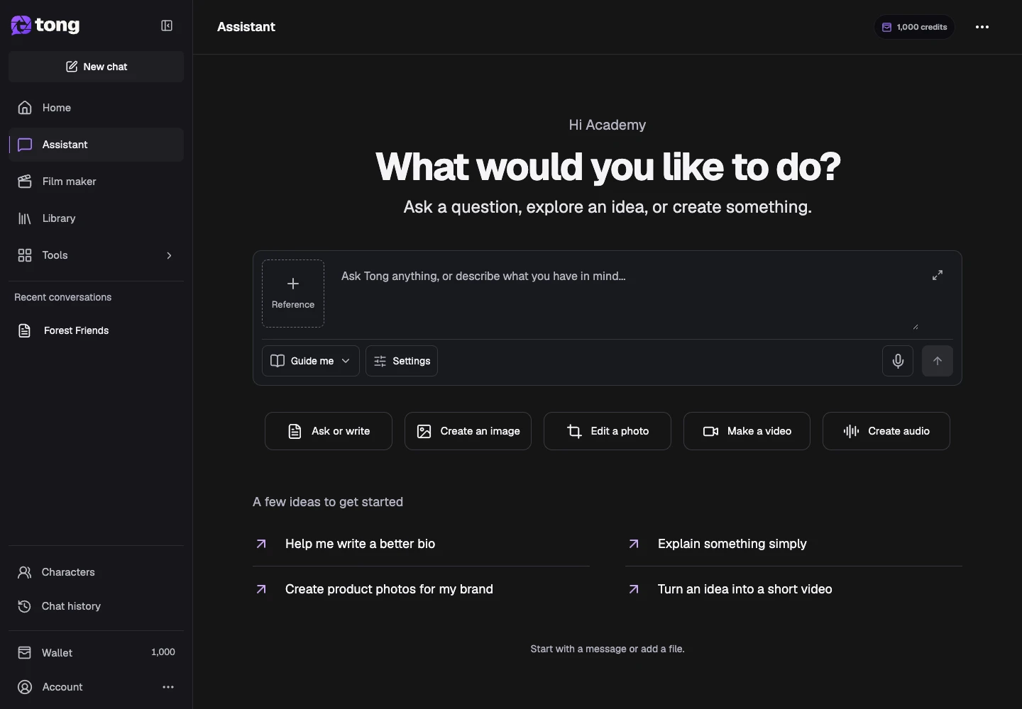 Tong Assistant interface for “Open Assistant”, with the Assistant control highlighted by arrow 1.