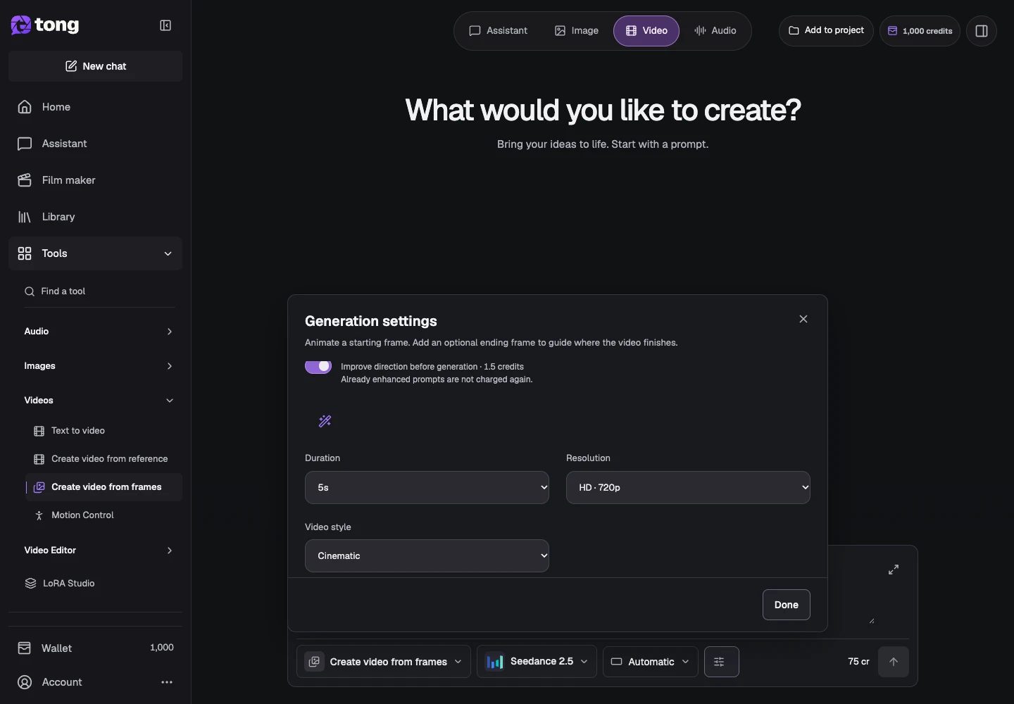 Tong Create video from frames interface for “Choose style and describe the transition”, with the Video style control highlighted by arrow 4.