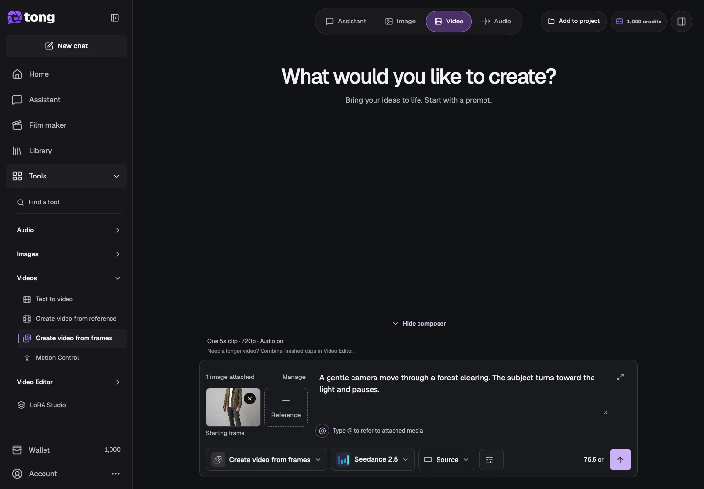Tong Create video from frames interface for “Review the current price”, with the Send prompt control highlighted by arrow 5.