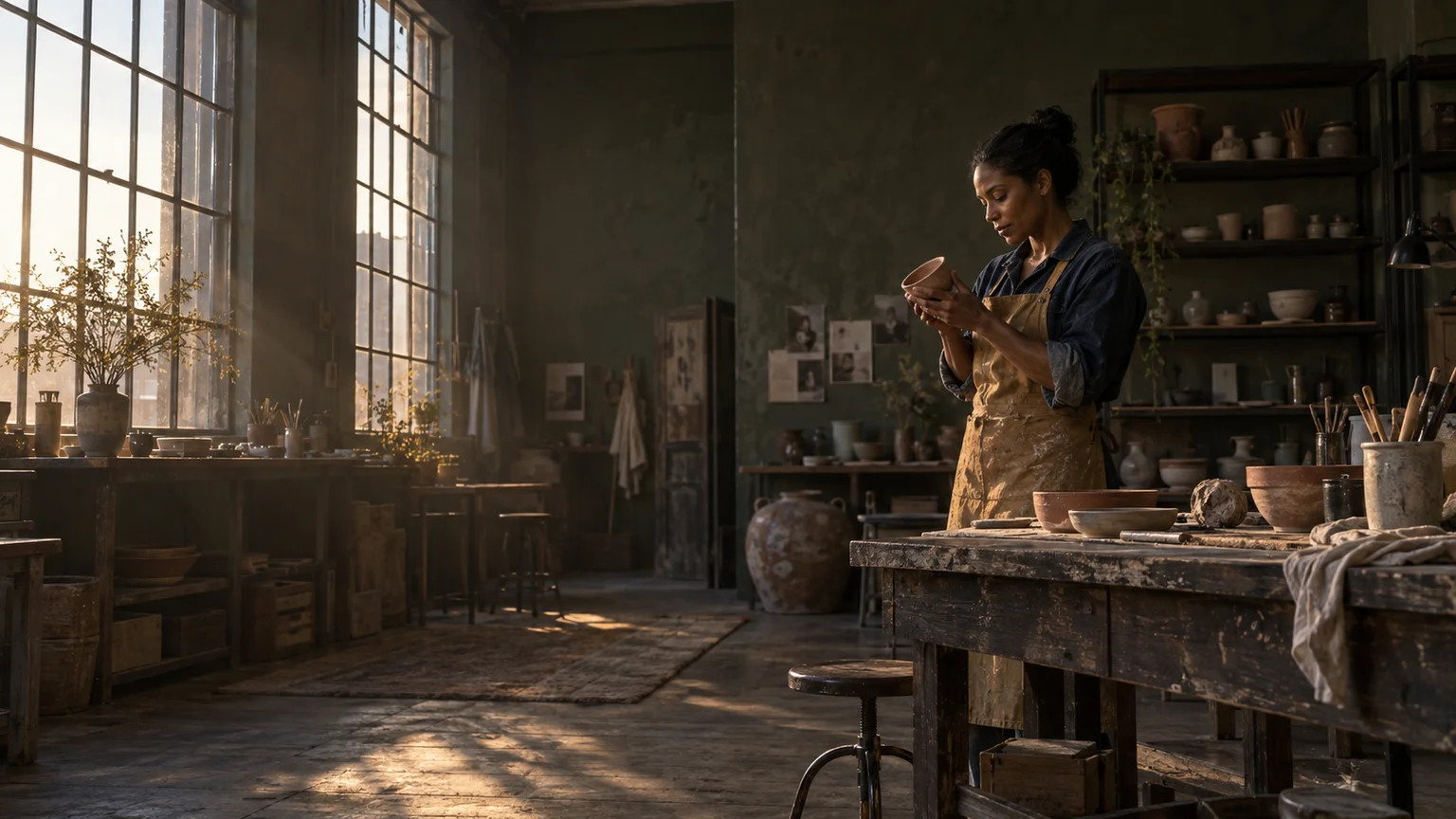 A ceramic artist examining a terracotta bowl in a sunlit workshop