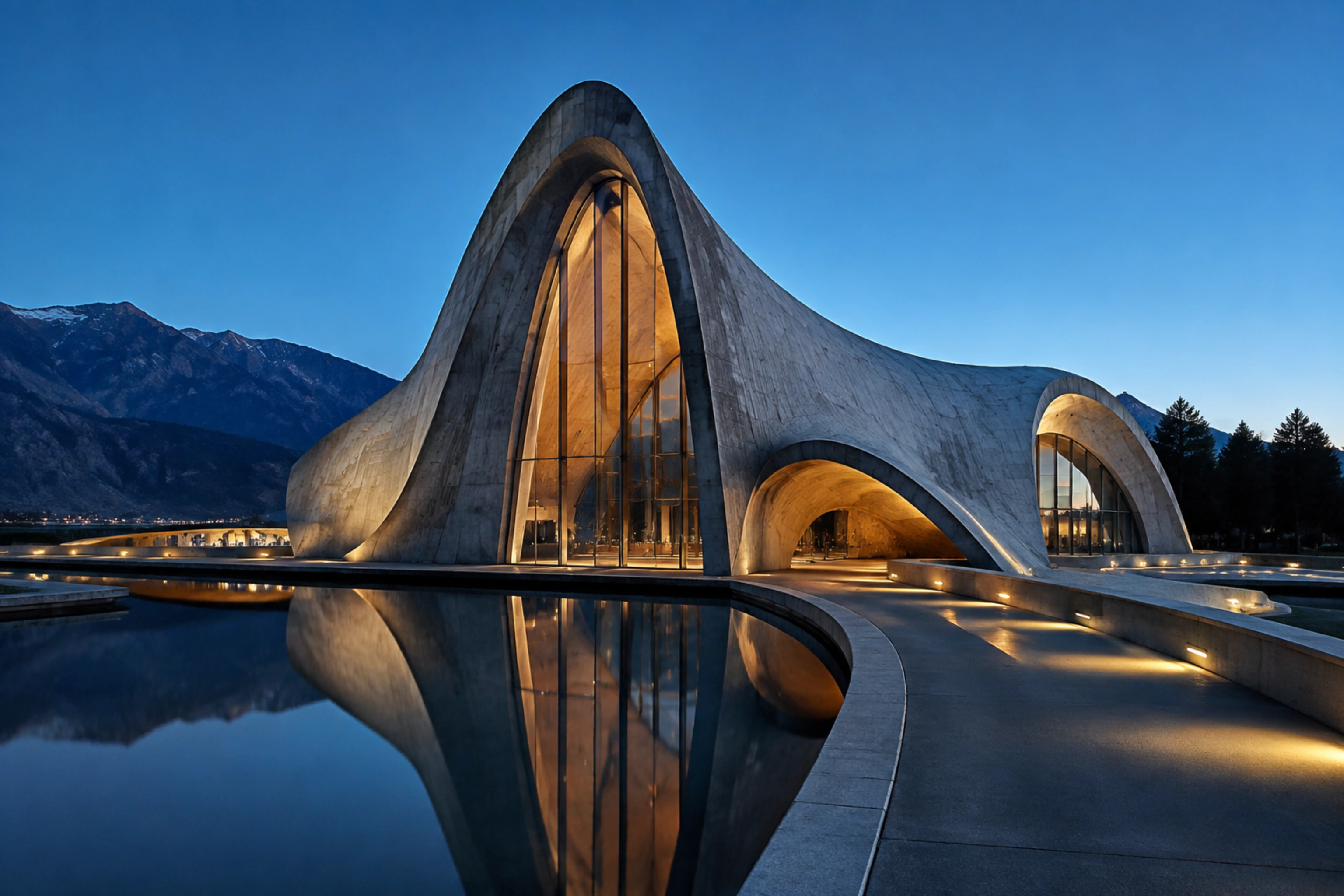 A sculptural concrete home set against warm desert cliffs