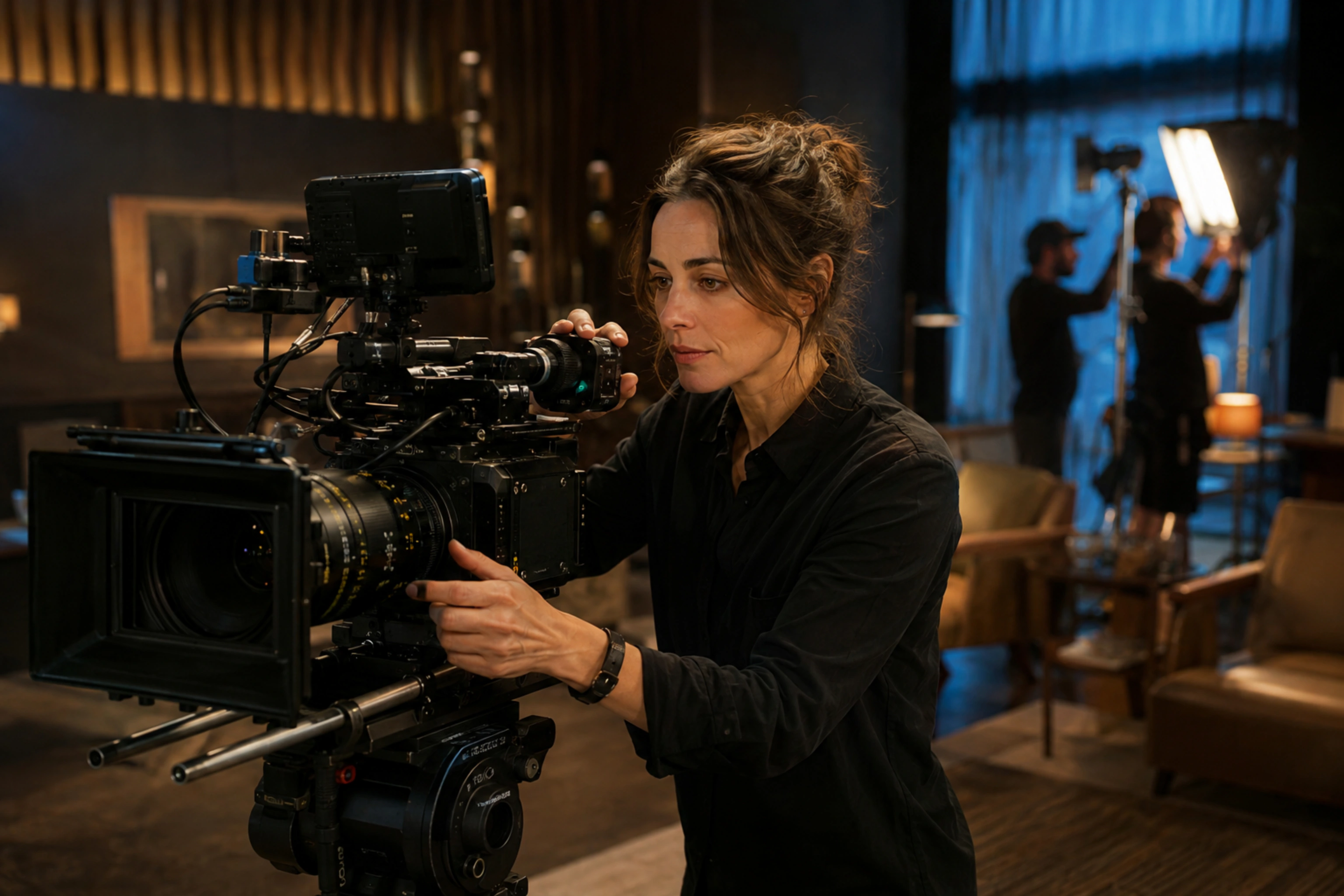 A filmmaker composing a dramatic scene through a cinema camera