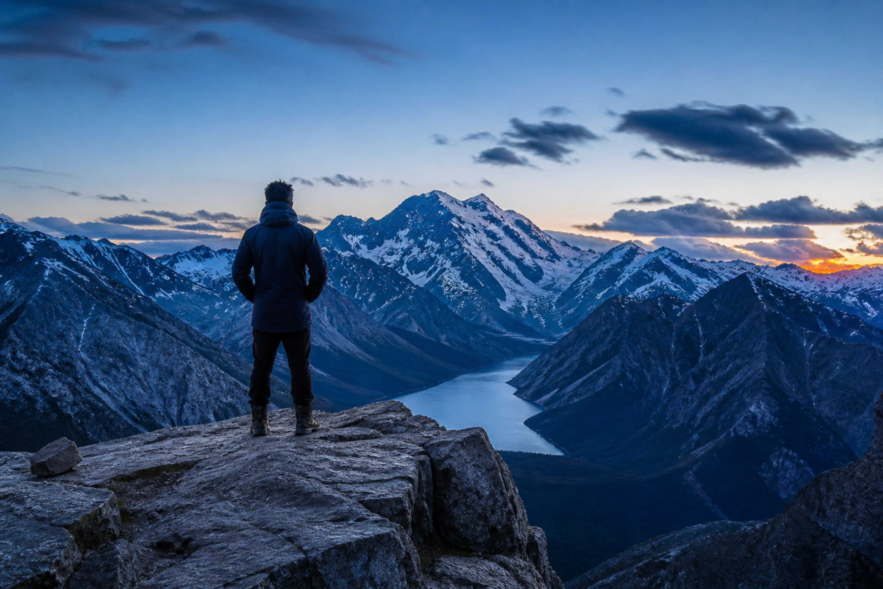 A lone character overlooking a vast mountain landscape