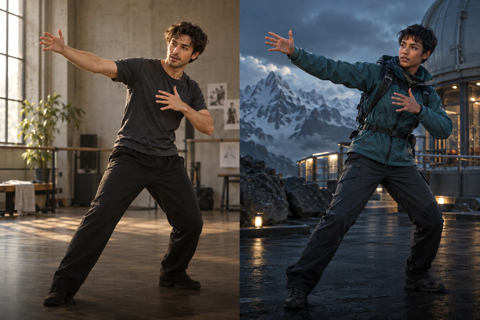 An actor and a fictional adventurer making the same gesture in a two-panel illustration
