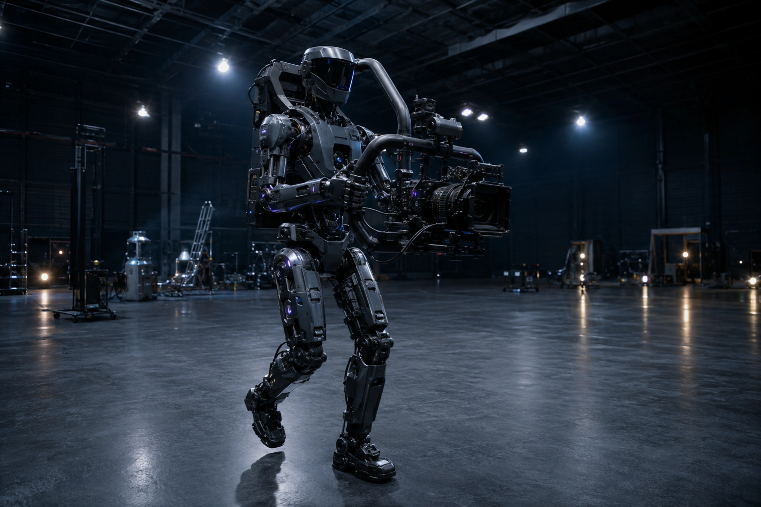 A character standing beside a large retro-futurist robot