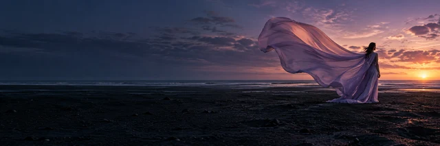 A figure in flowing lavender fabric on a volcanic beach at sunset