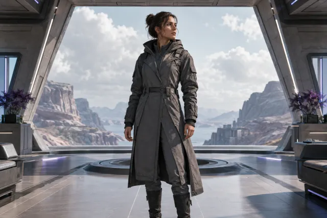 A character in a cinematic science-fiction scene