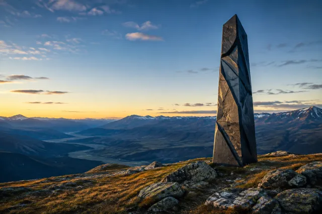 A sculptural monolith above a mountain landscape